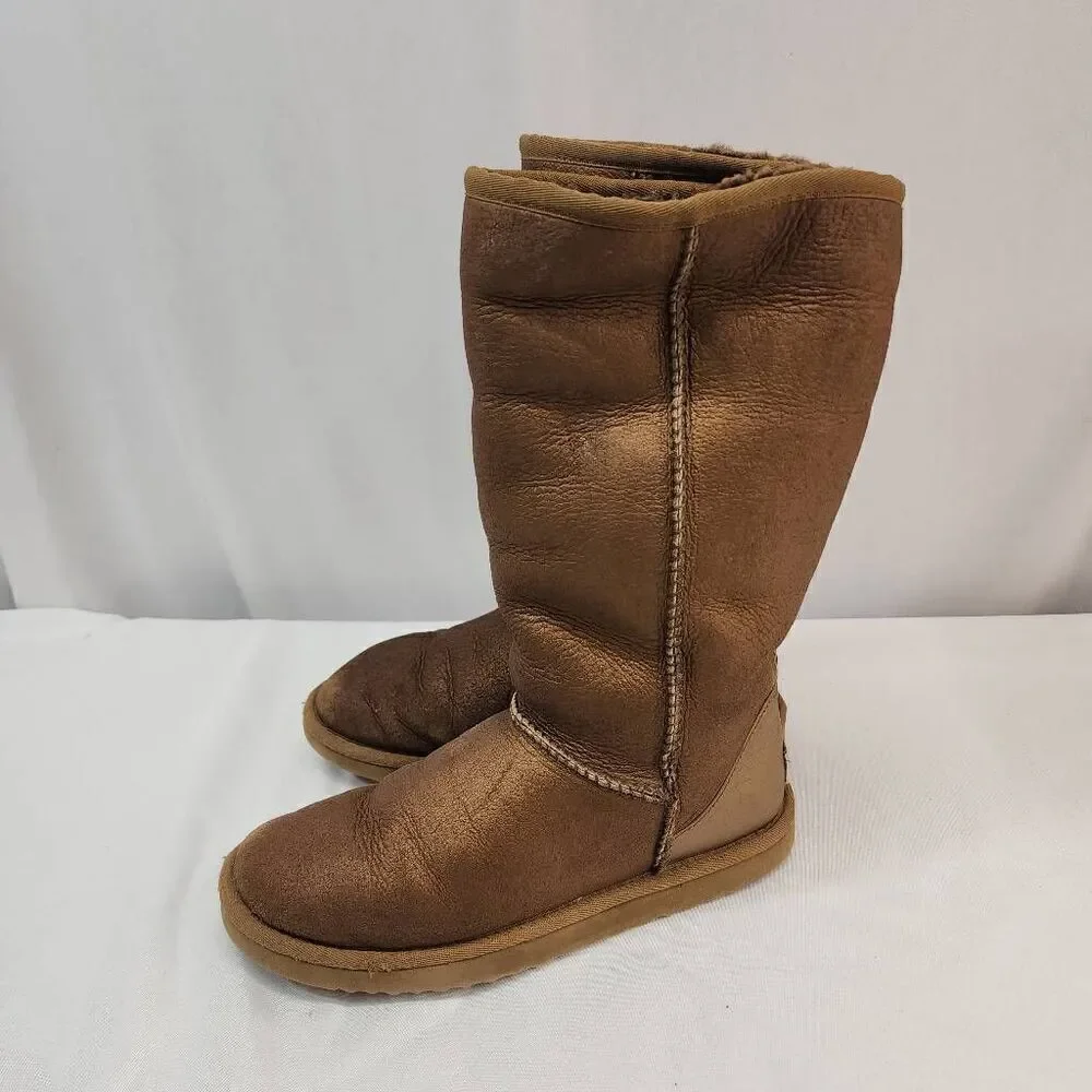 UGG Australia Size 7 Classic Tall Suede Metallic Bronze Sheepskin Boots